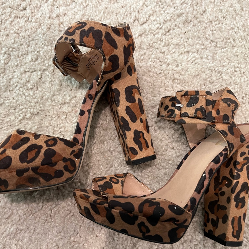 Leopard Print Platform Block Heel Sandals - Brown - Picture 2 of 8